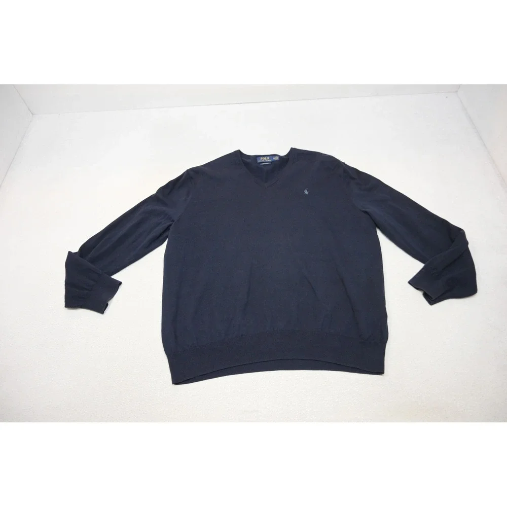 Polo Ralph Lauren Sweater Mens XXL Navy Blue Pima Cotton‎ V-Neck Excellent